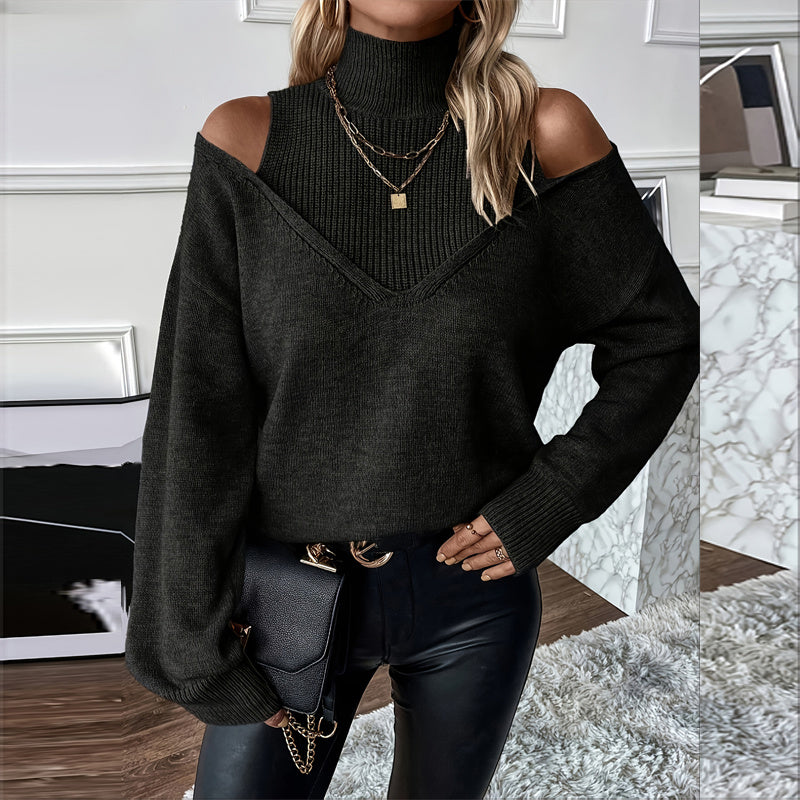 Women's Off-Shoulder Turtleneck Long Sleeve Knit Sweater - Image 2