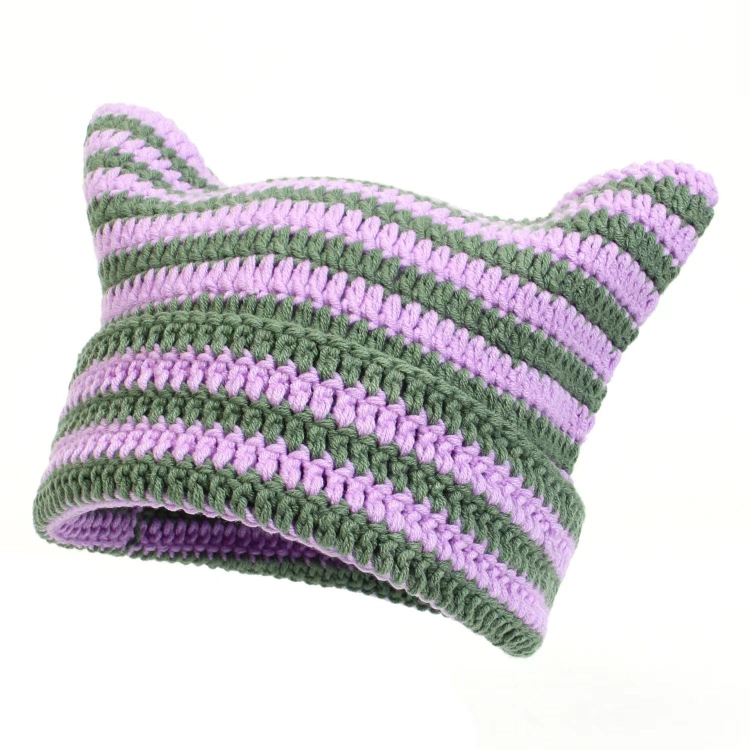 Women's Hand Knitted Striped Cat Beanie Hat