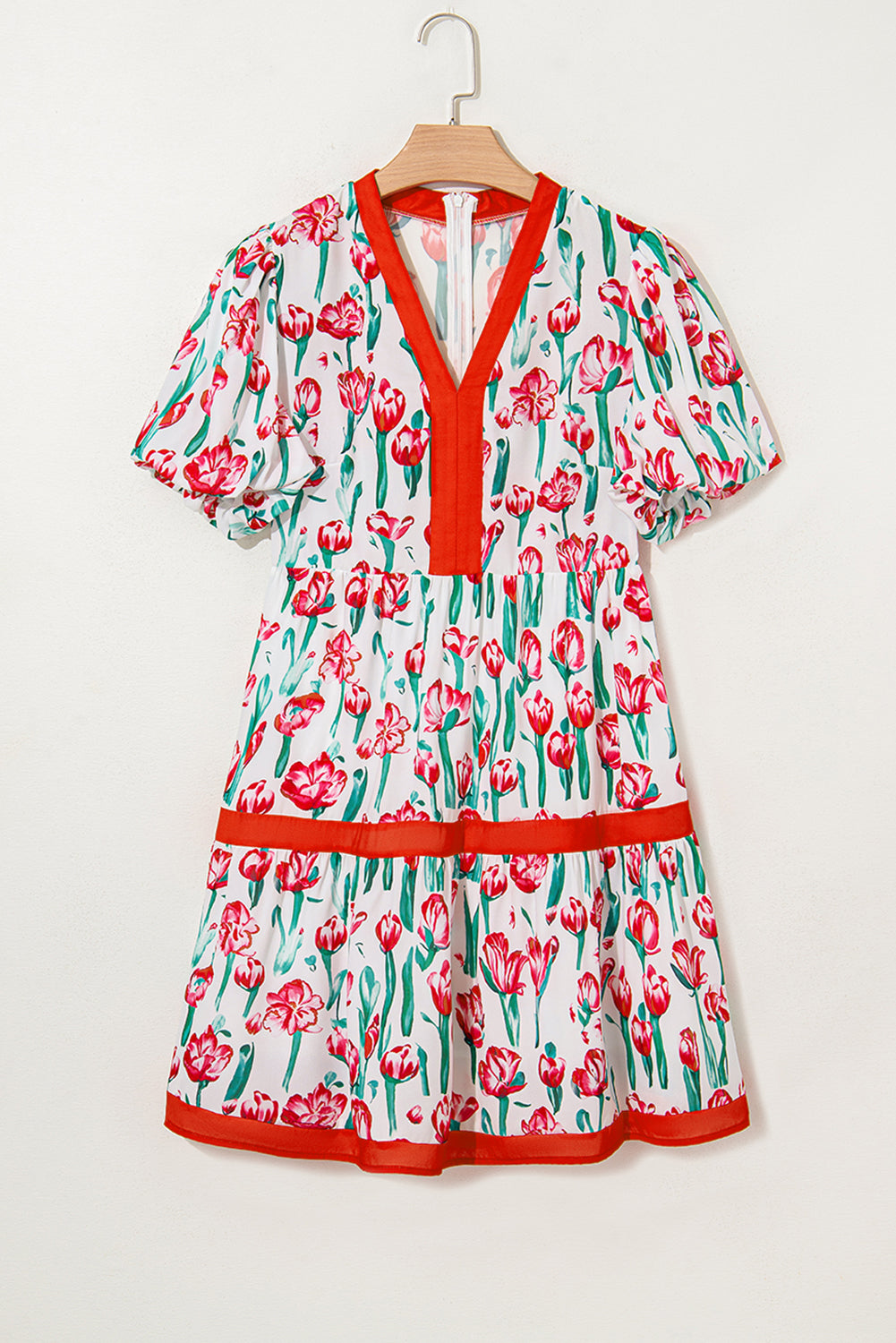 Pink Floral Print Contrast Trim V Neck Bubble Short Sleeve Babydoll Dress