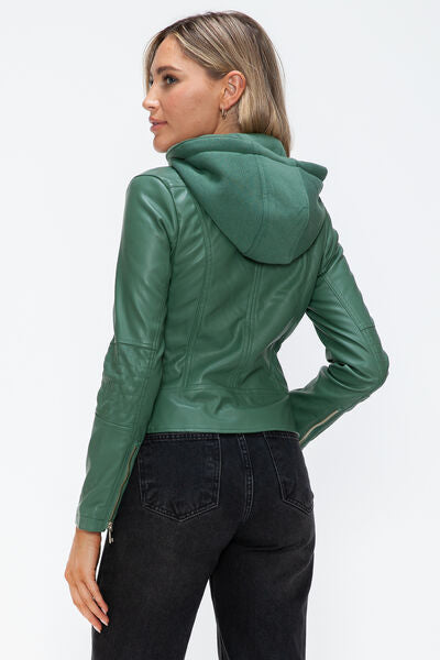 Women's Faux Leather Zip-Up Hooded Jacket Casual Urban Streetwear