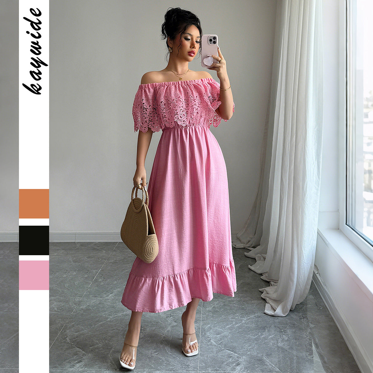 Elegant Off-Shoulder A-Line Dress in Solid Woven Fabric