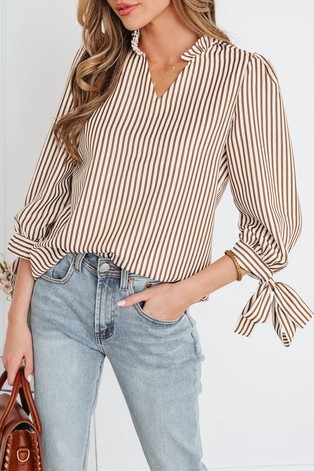 Blair Tied Cuffs Seersucker Blouse in Brown and White Stripe