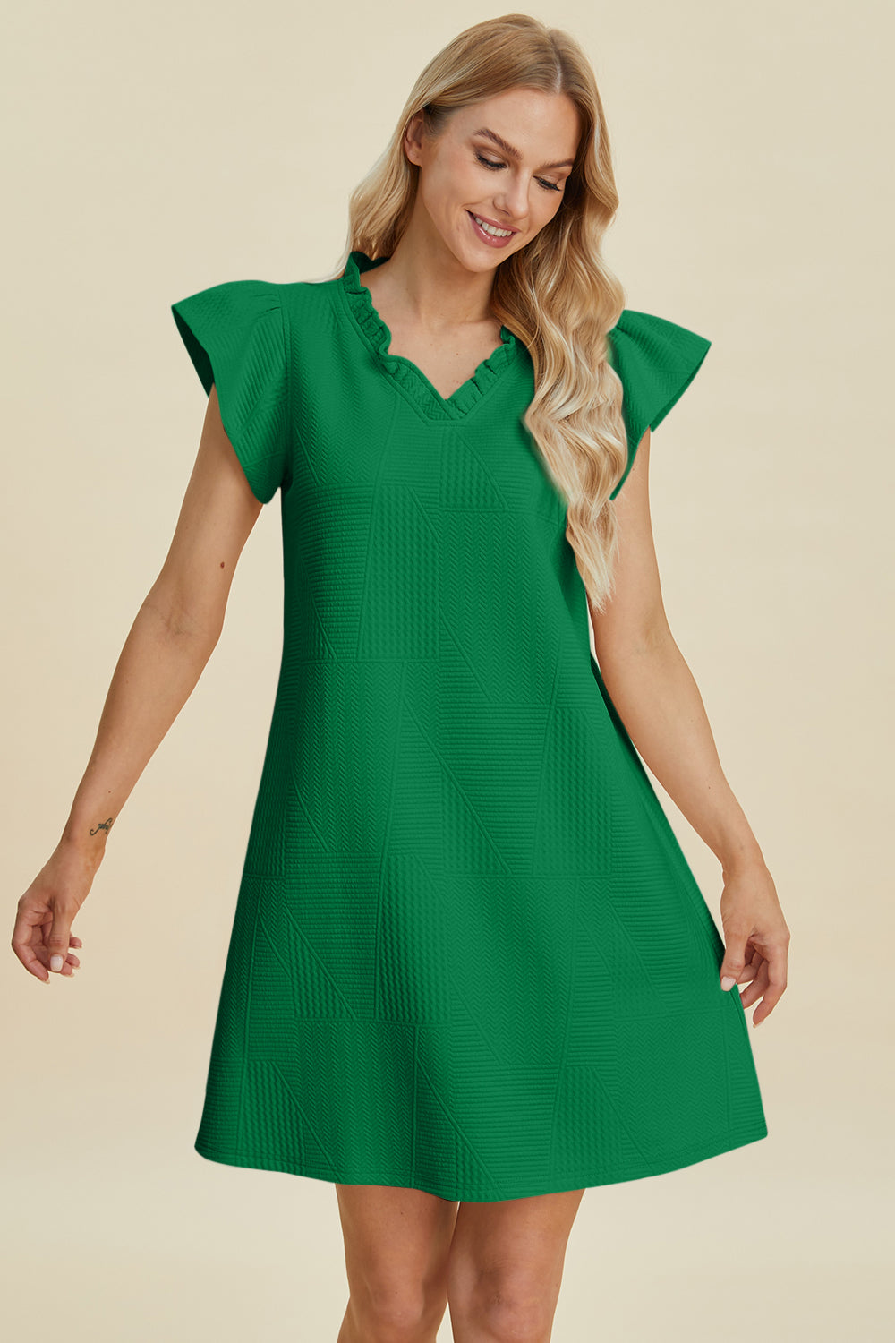 Ruffled V-Neck Cap Sleeve Dress in Elegant Style