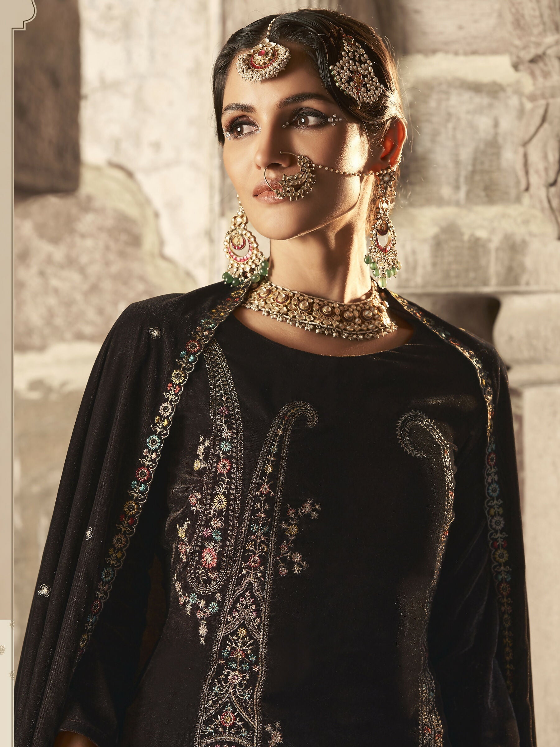 Women's Brown Velvet Floral Embroidered Kurta Set with Dupatta