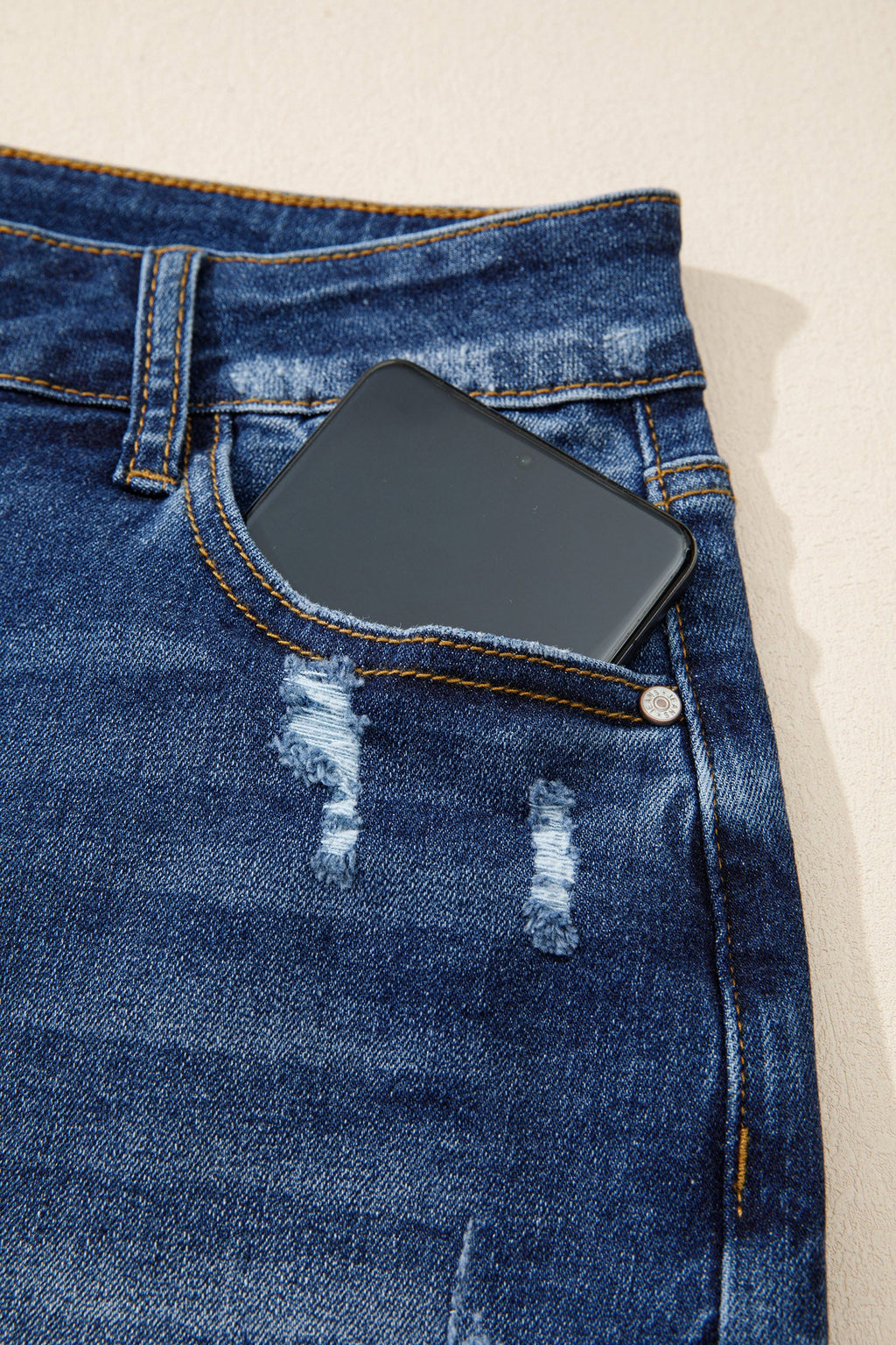 Holland High-Waist Distressed Denim Shorts with Whiskery Detail