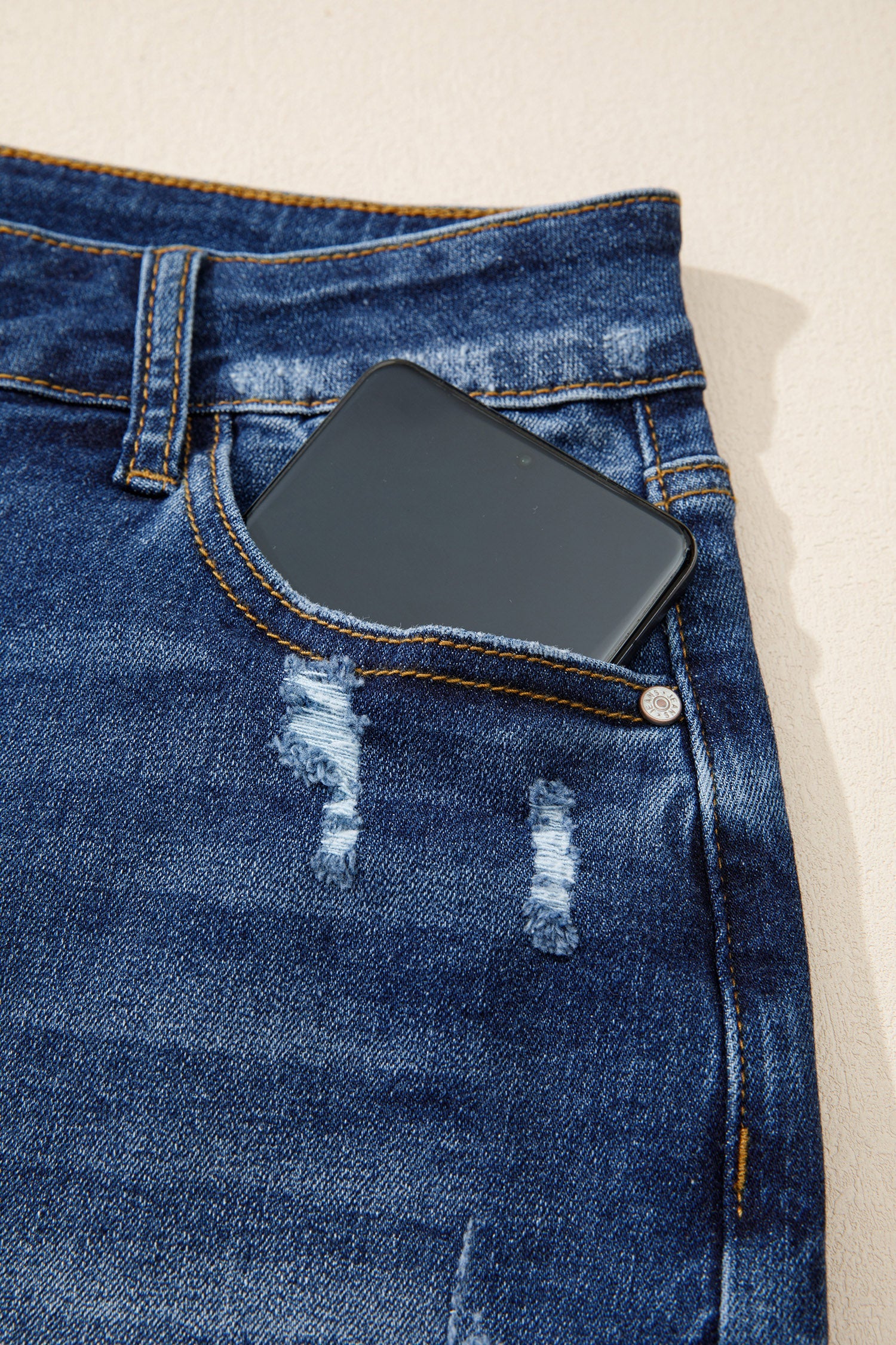 Holland High-Waist Distressed Denim Shorts with Whiskery Detail