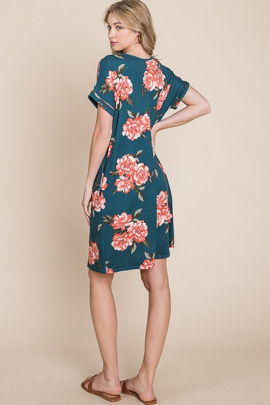 Floral Round Neck Short Sleeve Tee Dress with Pockets