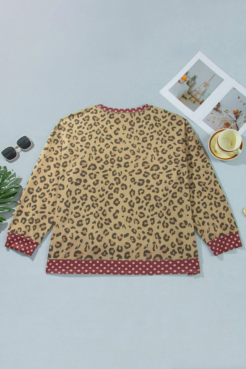 Plus Size Leopard Polka Dot Trim Long Sleeve Top