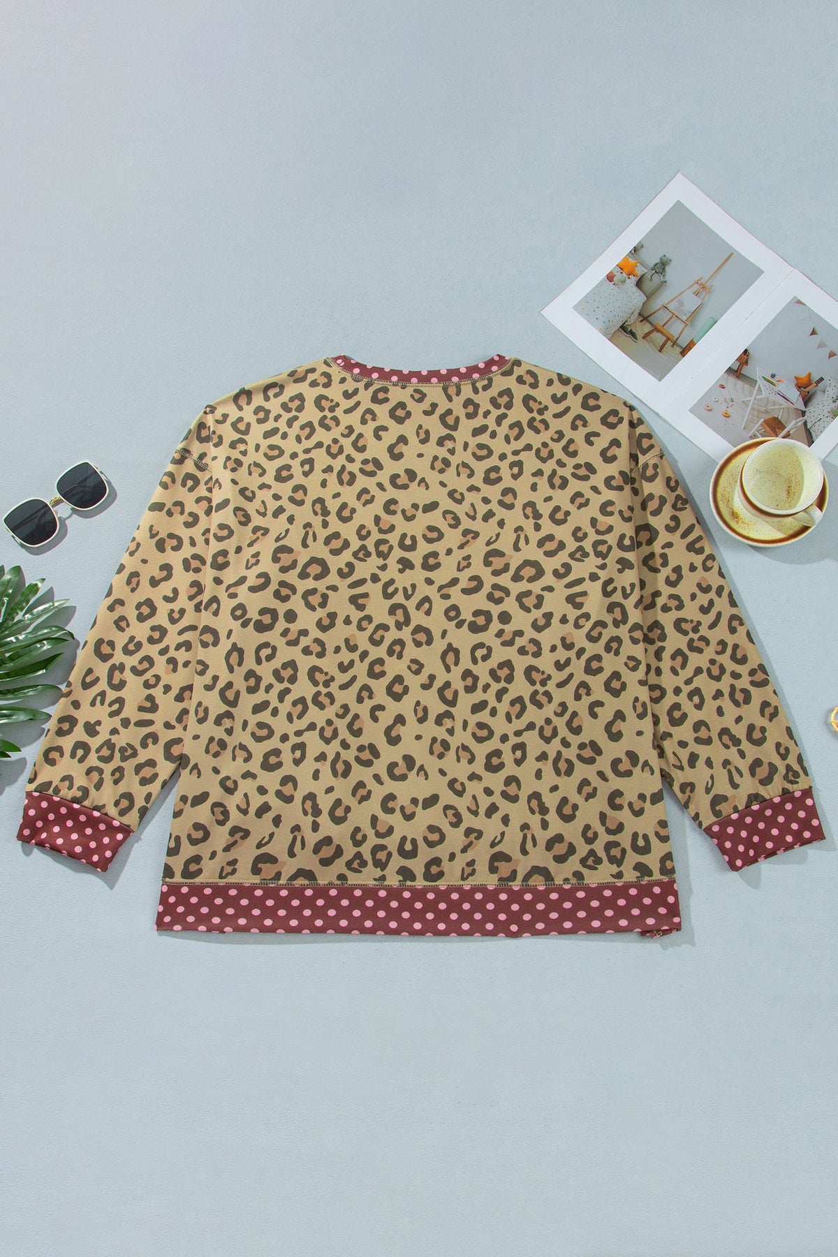 Plus Size Leopard Polka Dot Trim Long Sleeve Top