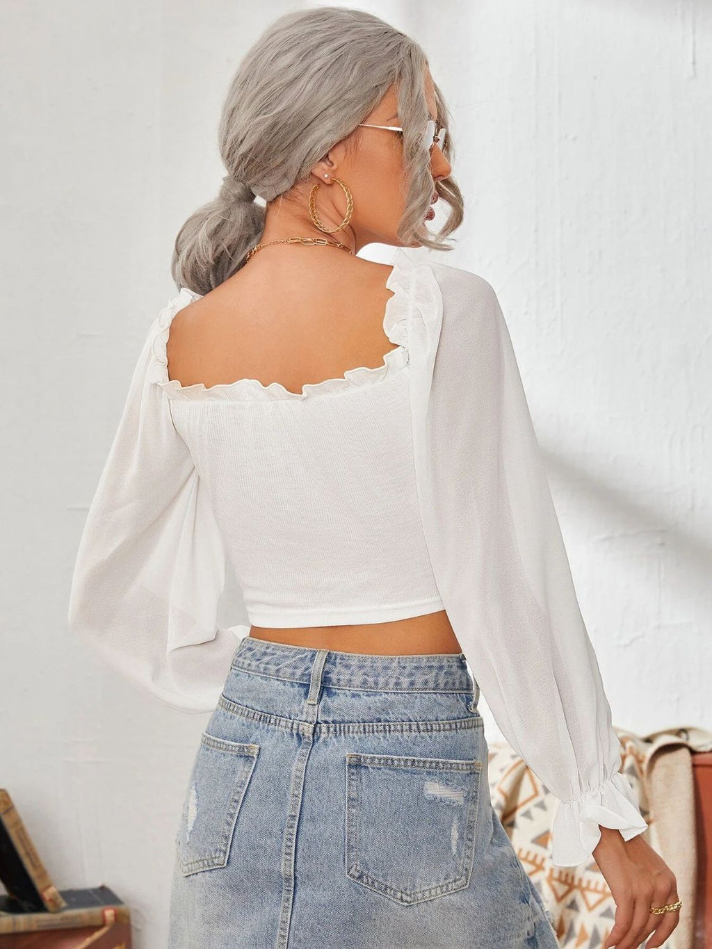 Mesh Sweetheart Neck Flounce Sleeve Top with Ruffled Detail - Image 2