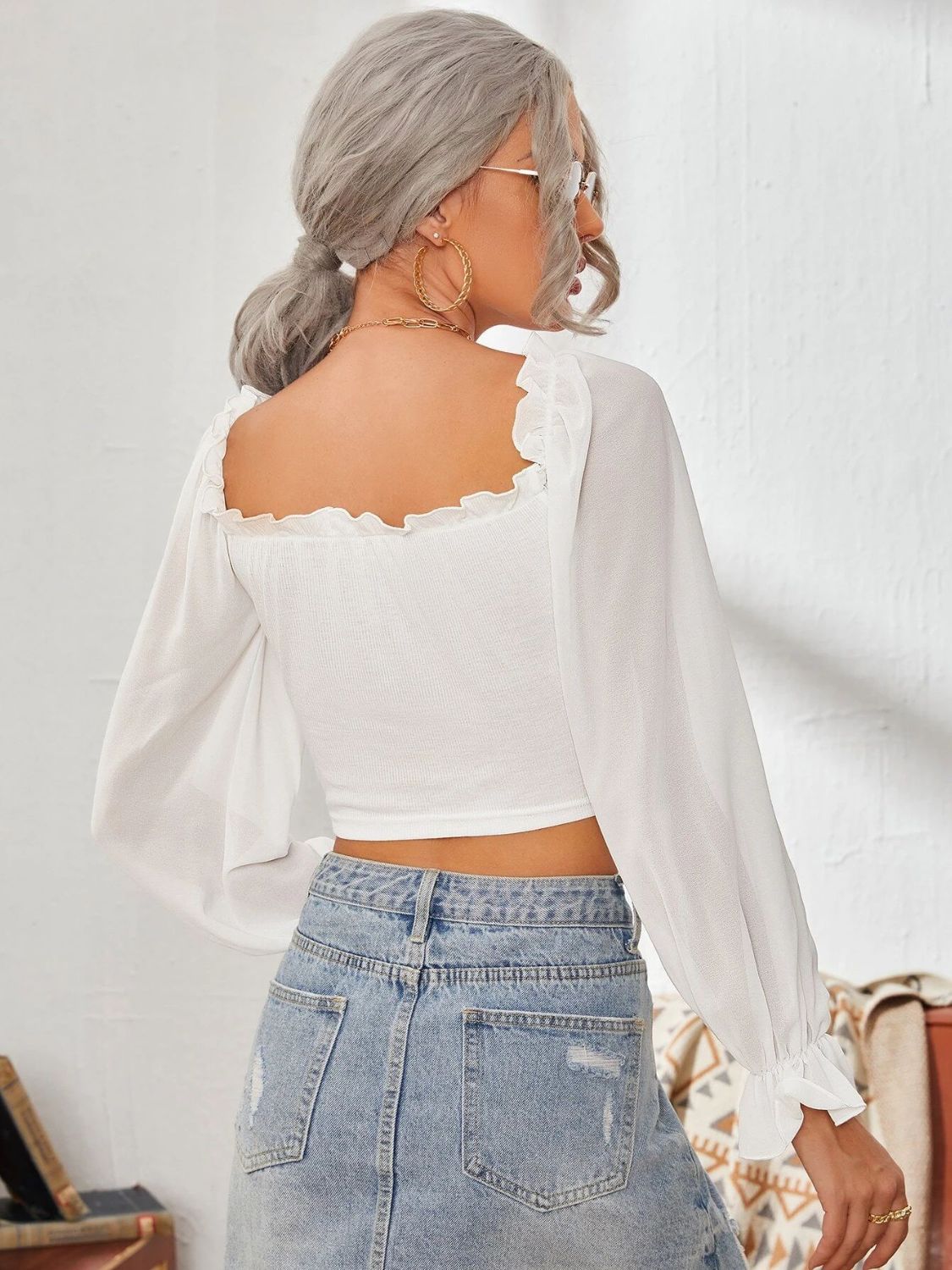 Mesh Sweetheart Neck Flounce Sleeve Top with Ruffled Detail - Image 2
