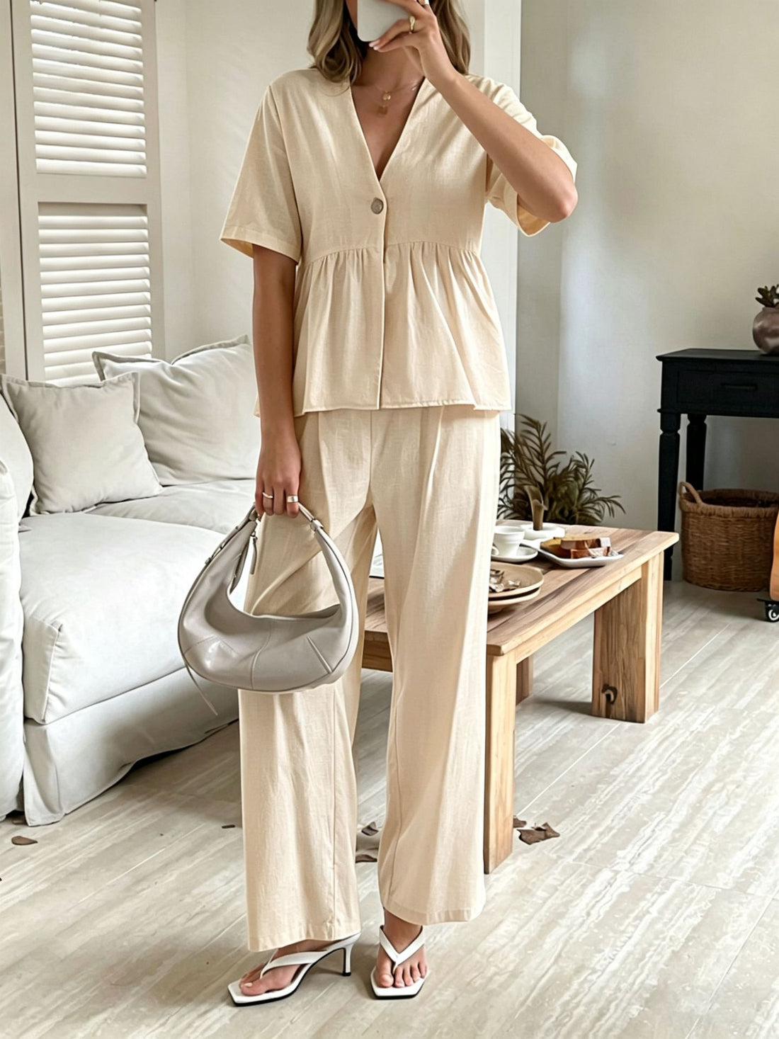 Women's V-Neck Peplum Top and Wide-Leg Pants Two Piece Set - Image 7