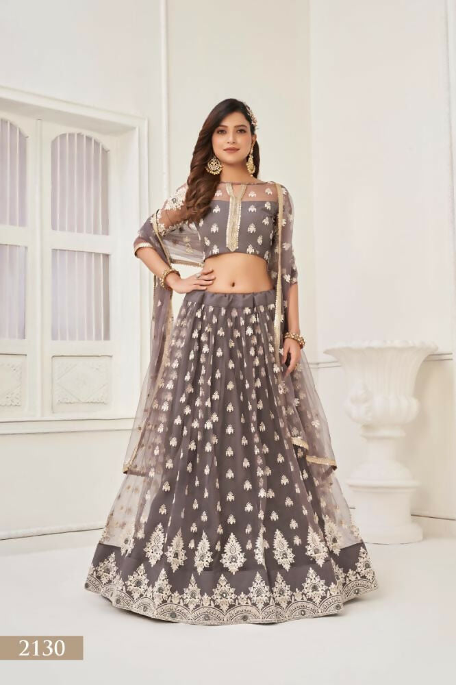 Space Gray Butterfly Net lehenga choli with detailed white cotton thread and sequence embroidery
