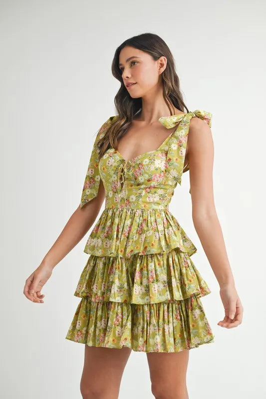 Floral Print Layered Mini Dress with Adjustable Shoulder Ties
