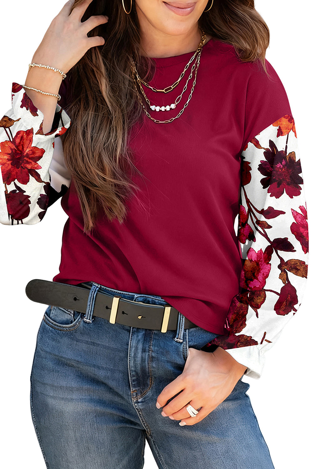 Wild Ginger Contrast Floral Sleeve Solid Ribbed Body Patchwork Long Sleeve Top