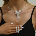 Women Full Paved Bow Tassel 2Pcs CZ Jewelry Set, V Tennis Choker Matching Long Fringe Drop Earrings Gold Rhodium Two Tone Plated For Wedding Pageant Evening Valentine Gift