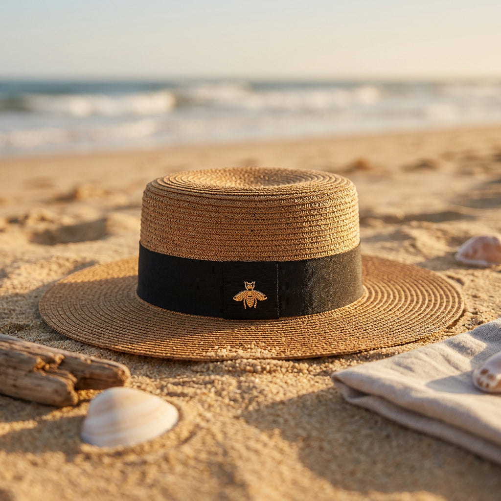Retro Gold Woven Straw Hat – European & American Flat Top Adjustable Sun Hat