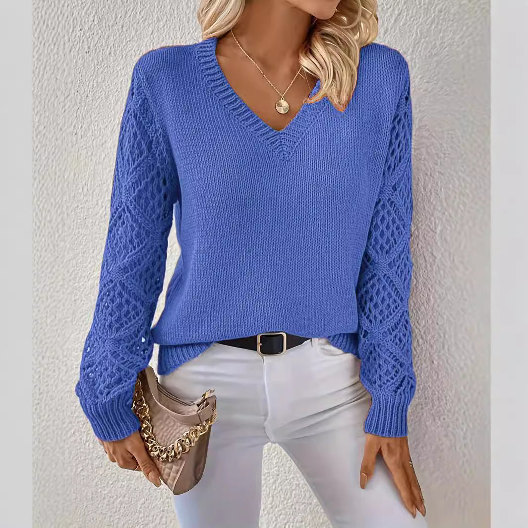 Loose Hollow Knitted Sweater Women’s Long-Sleeve V-Neck Pullover