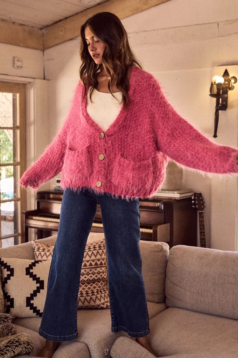 Soft Touch Hairy Loose Fit Cozy Sweater Cardigan in Pink