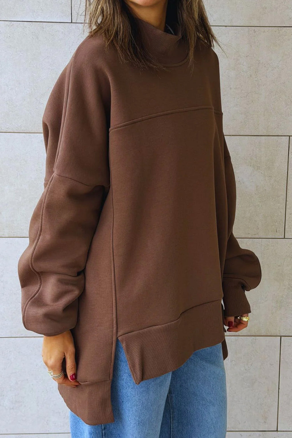 Coffee Solid Color Oversized Mock Neck Split Hem Tunic Sweatshirt