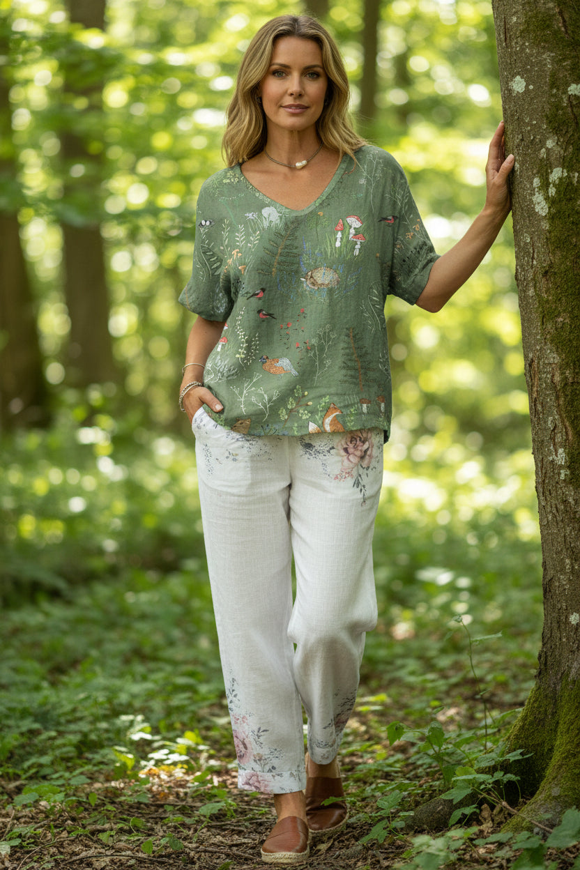 An artistic retro pullover top featuring a vibrant floral digital print and Chinese-inspired silhouette.