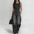 Women’s Sleeveless High-Waisted Denim Jumpsuit with Grommets - Image 3