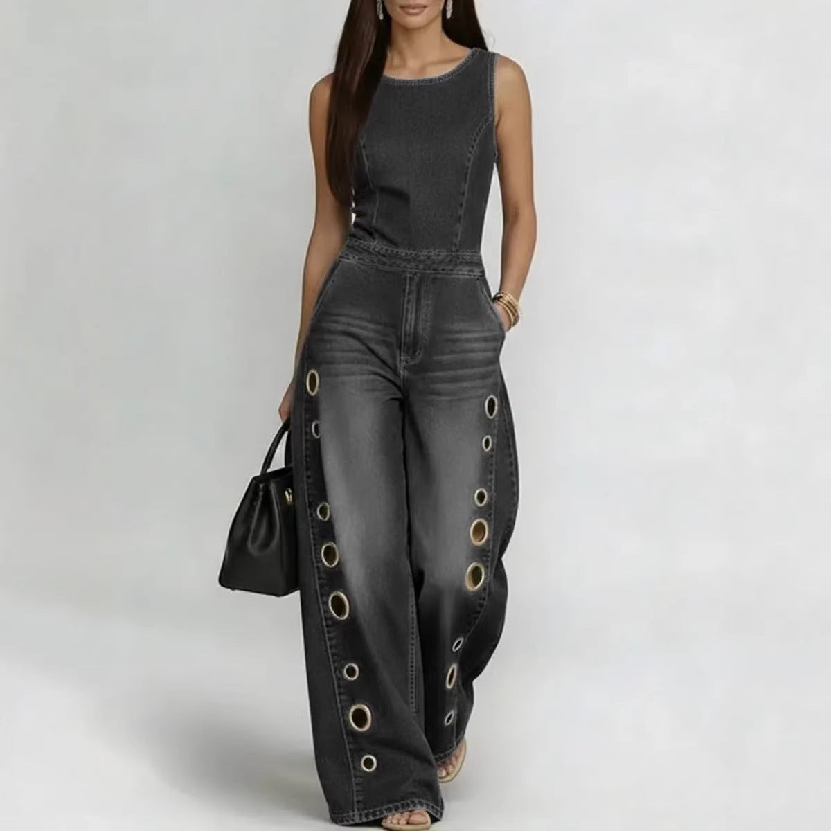 Women’s Sleeveless High-Waisted Denim Jumpsuit with Grommets - Image 3