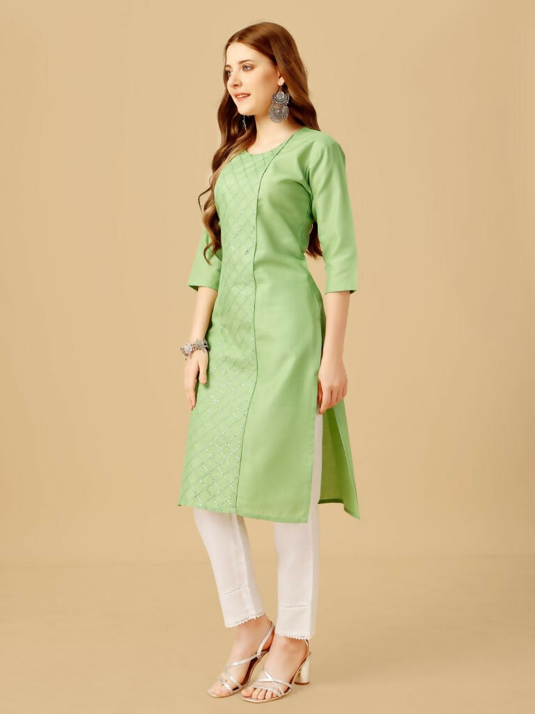Women's Lime Green Embroidered Cotton Blend Kurta Pant Set