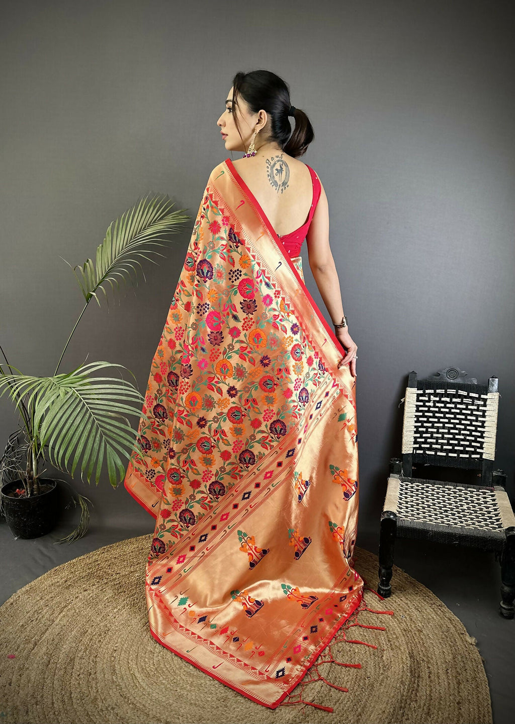 Orange Soft Silk Paithani Saree with Floral & Peacock Motifs