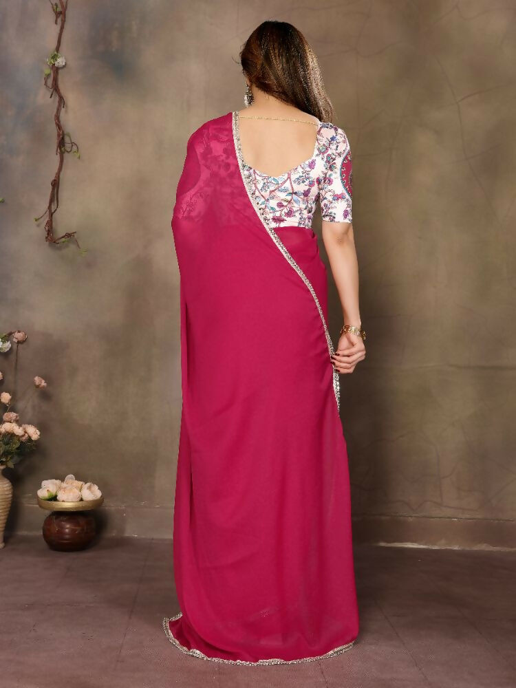 PR Fashion Pink Star Georgette Solid Georgette With Mirror Border Saree