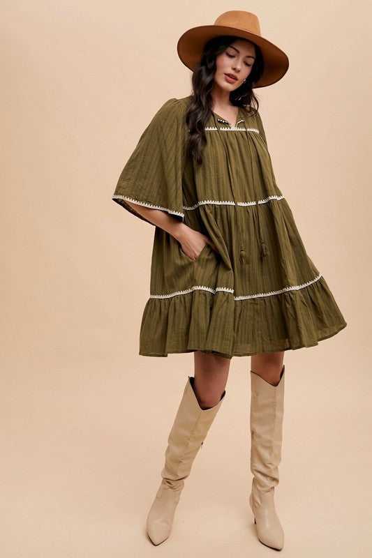 Bohemian Tassel Trim Tiered Midi Dress with Tie Neck