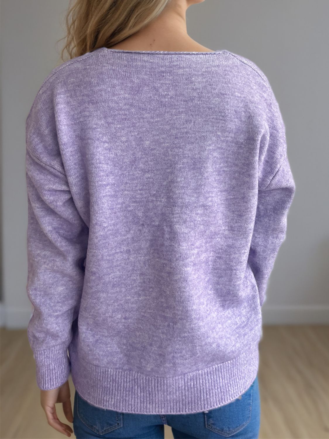 Women's V-Neck Dropped Shoulder Long Sleeve Knit Sweater - Image 24