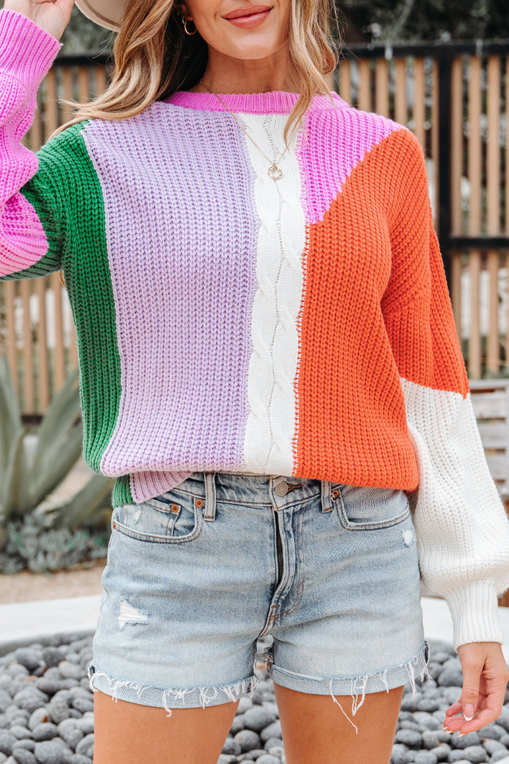 Colorblock Textured Knit Drop Shoulder Sweater