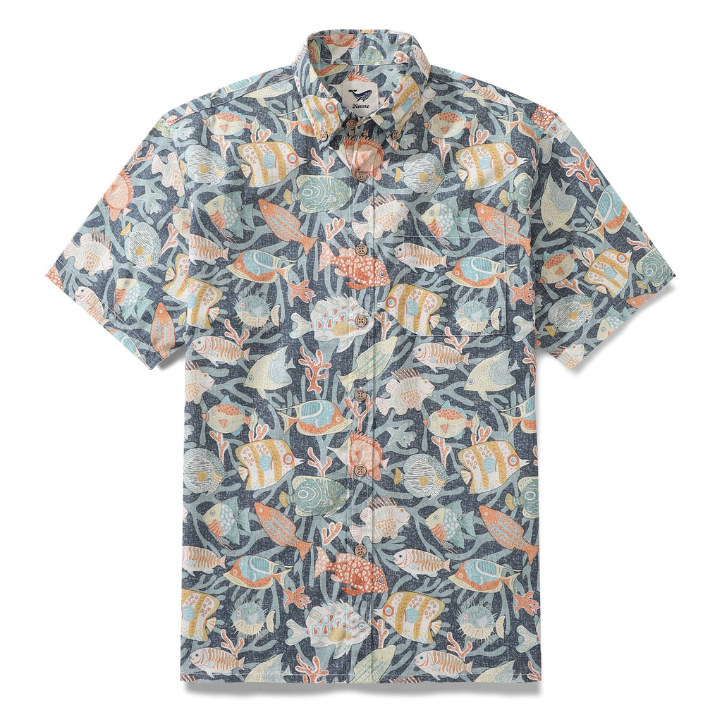 Men wearing a short-sleeve button-down Hawaiian shirt with a colorful fish and coral print against a light background.