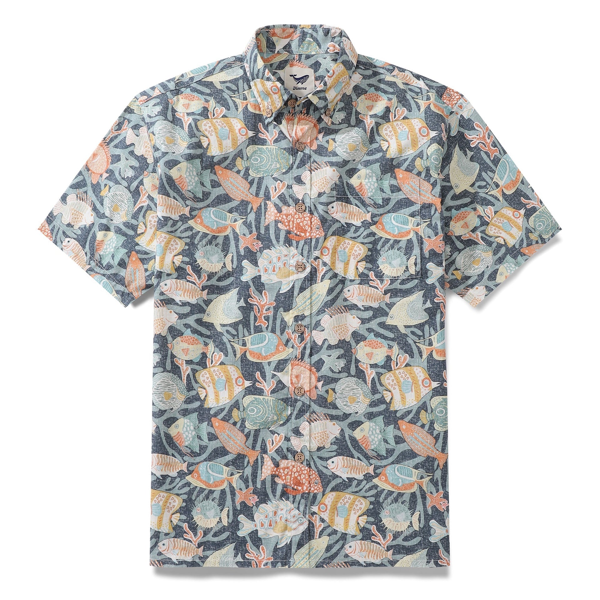 Men wearing a short-sleeve button-down Hawaiian shirt with a colorful fish and coral print against a light background.