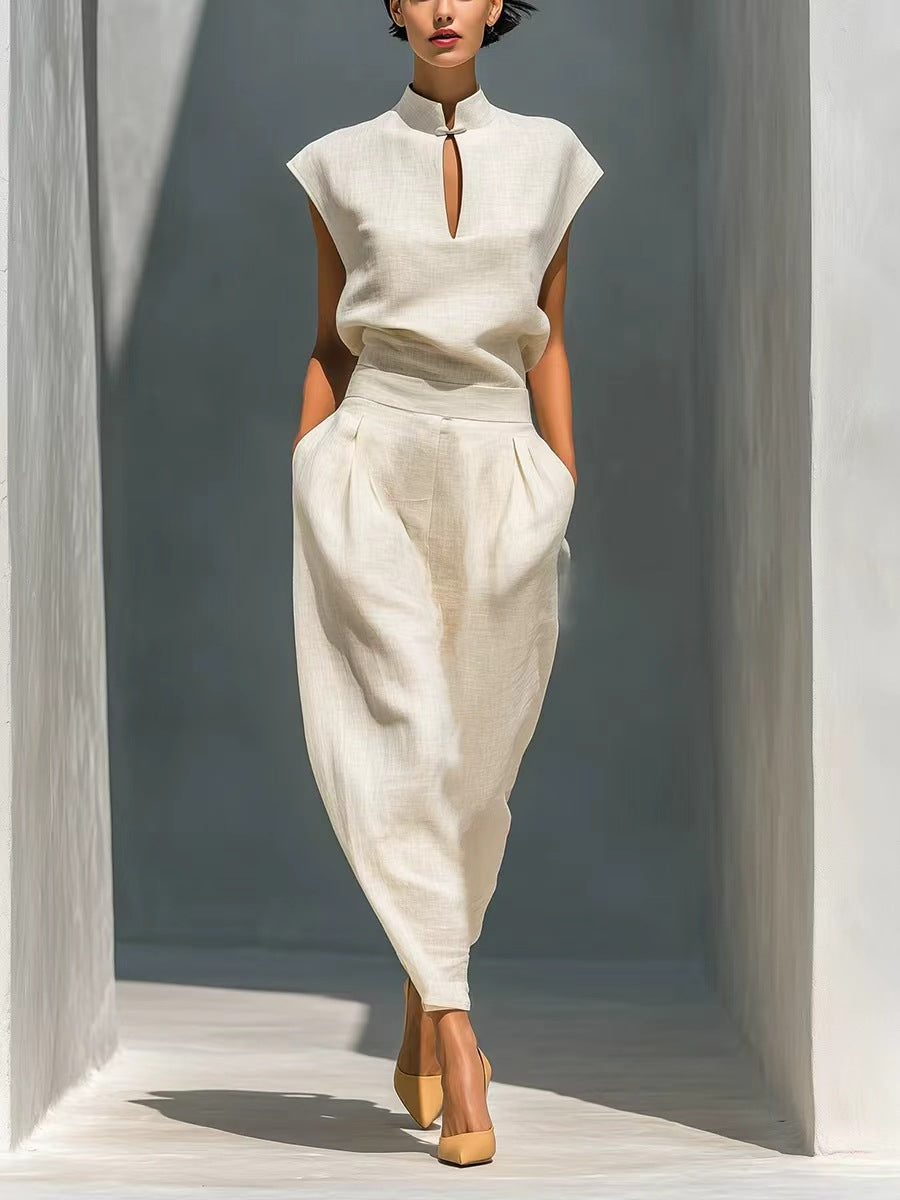 Women's Beige Mandarin Collar Short-Sleeve Top and Pants Set - Image 9