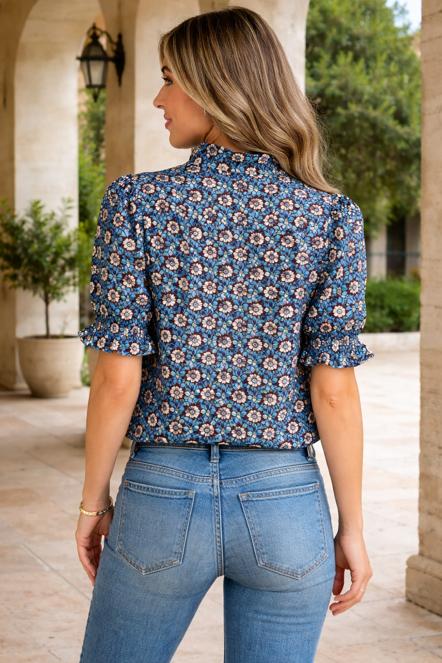 Chelsea Floral Short Puff Sleeve Blouse with Smocked Ruffle Cuffs