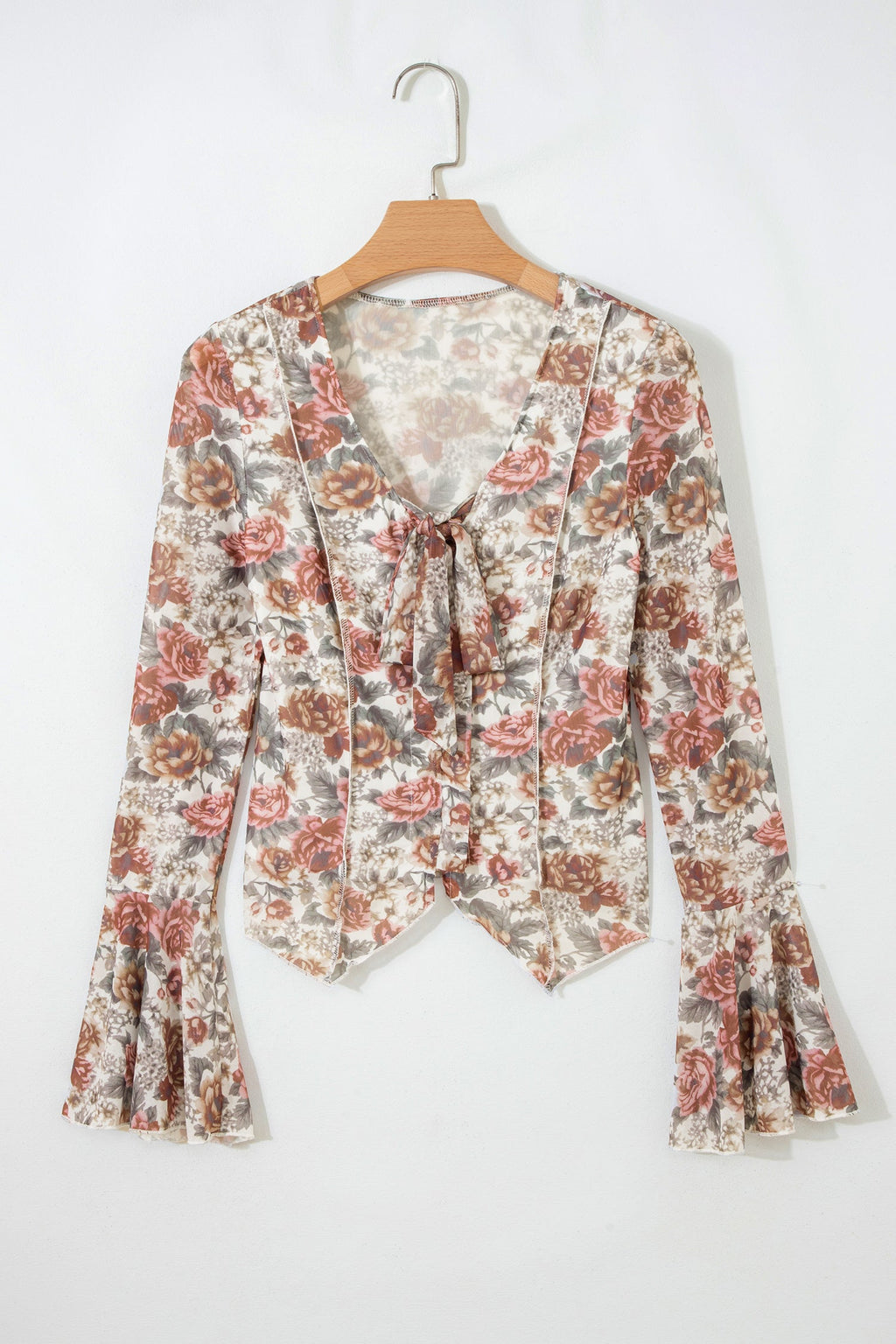 Women's Floral Tie V-Neck Bell Sleeve Blouse