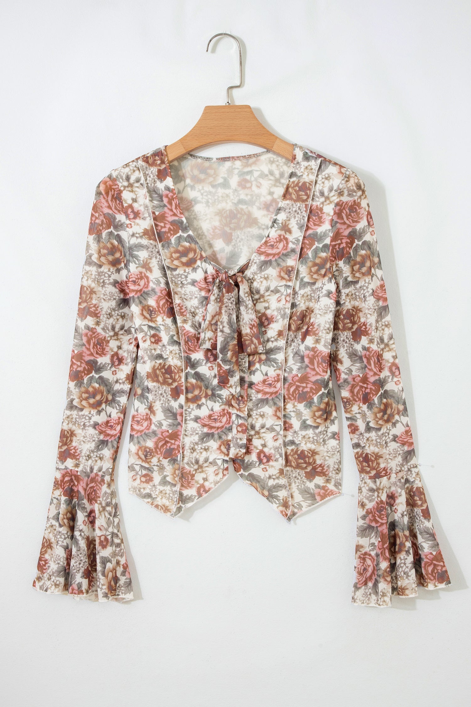Women's Floral Tie V-Neck Bell Sleeve Blouse