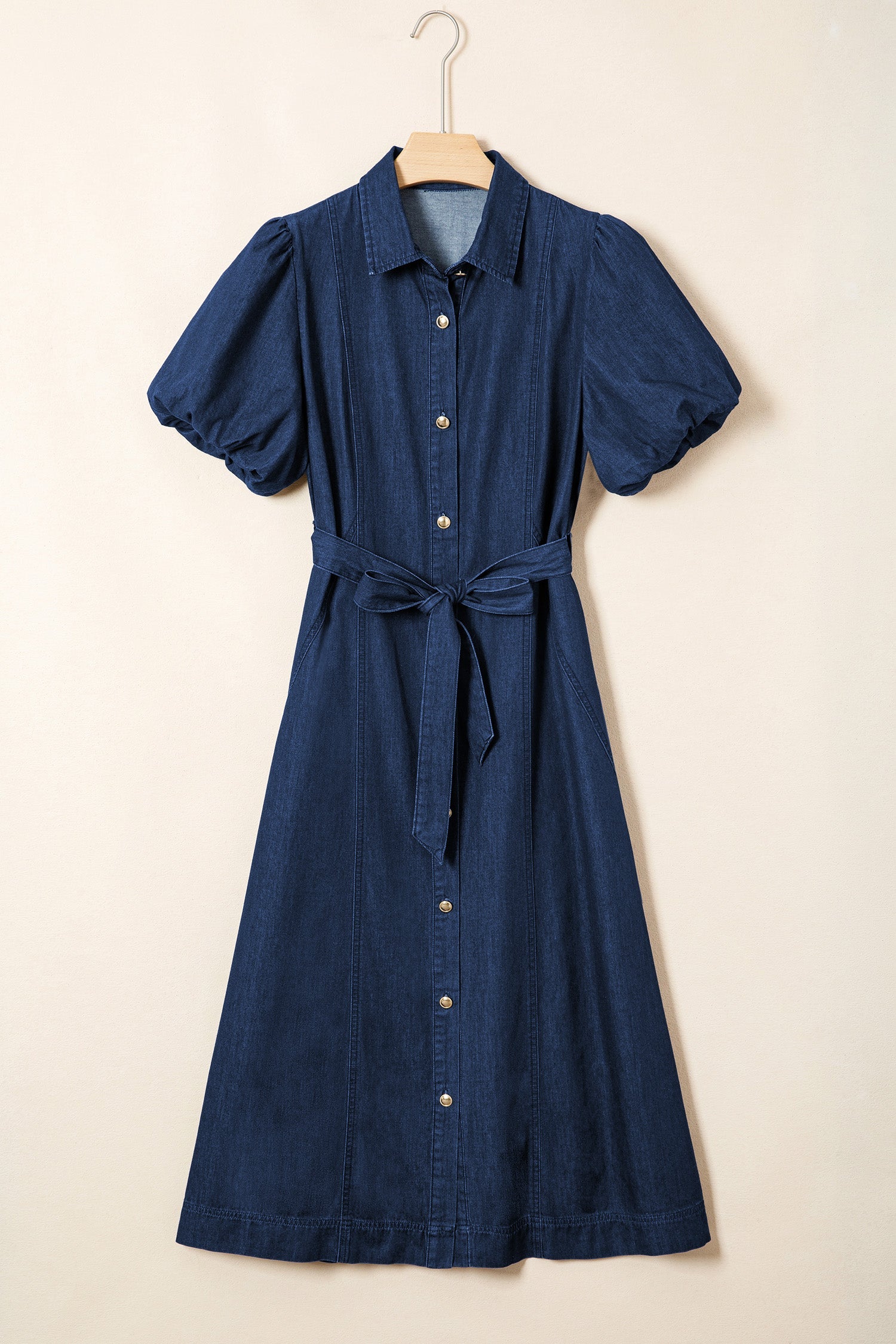 Makayla Bubble Sleeve Denim Button Down Midi Dress in Dark Blue