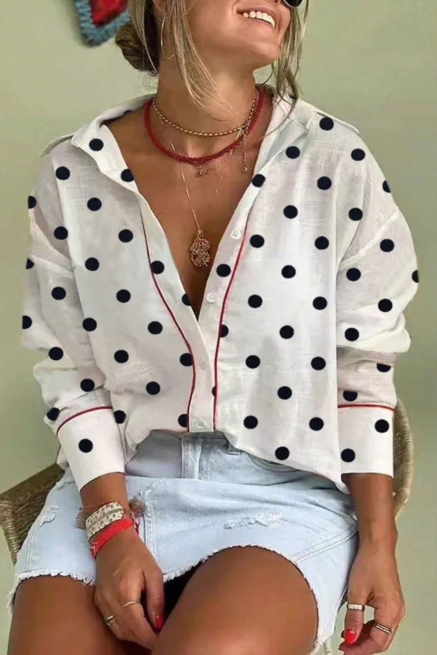White Polka Dot Contrast Piping Elegant Shirt
