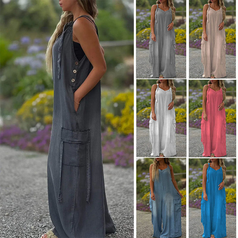Women's V-Neck Wide Leg Jumpsuit in Washed Charcoal Grey