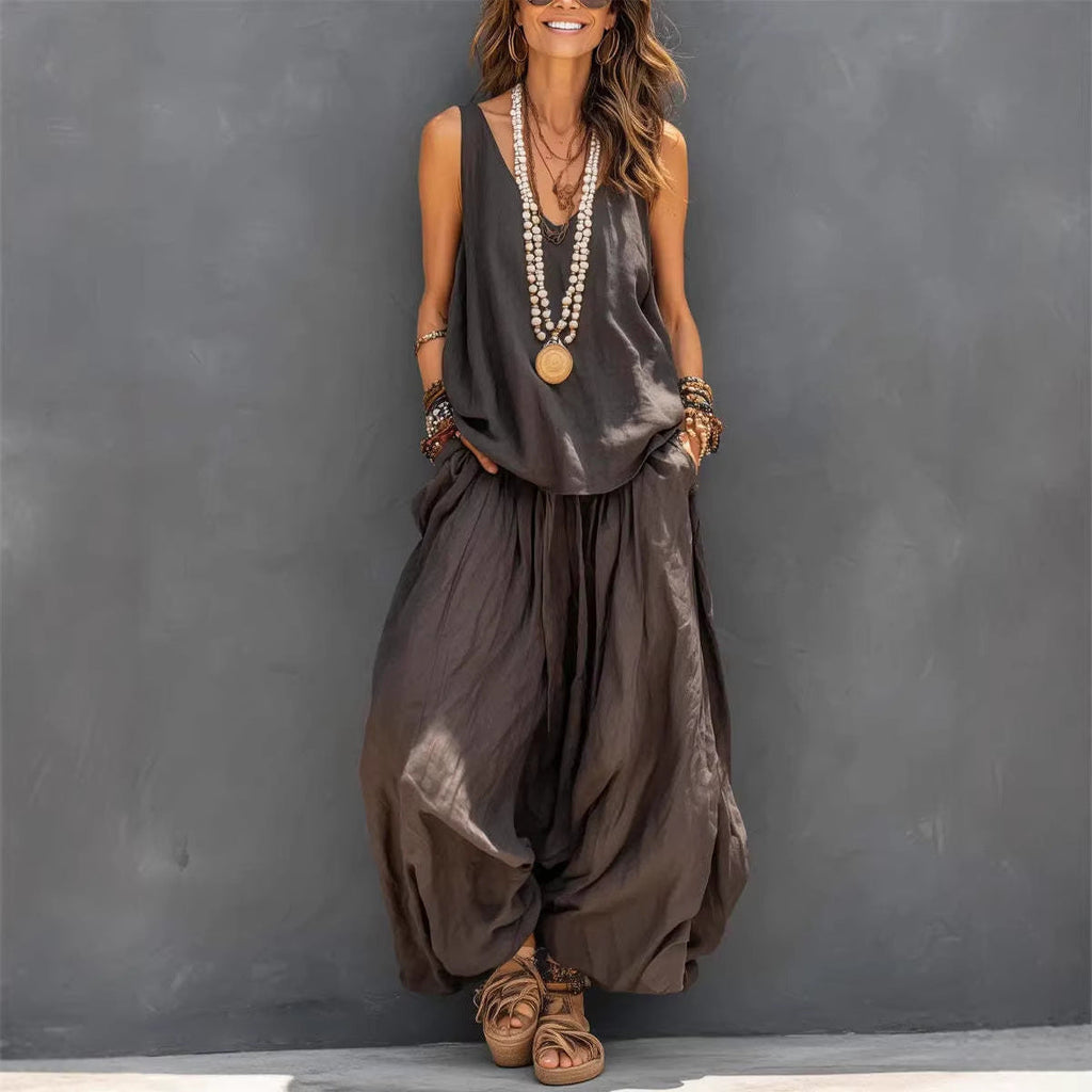 Women's Cotton Linen Sleeveless Tank Top and Wide-Leg Pants Set - Image 4