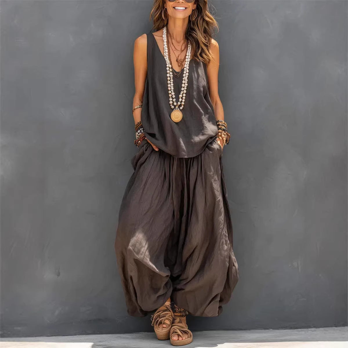 Women's Cotton Linen Sleeveless Tank Top and Wide-Leg Pants Set - Image 4