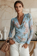 Floral Mesh Cowl Neck Ruched Long Sleeve Top