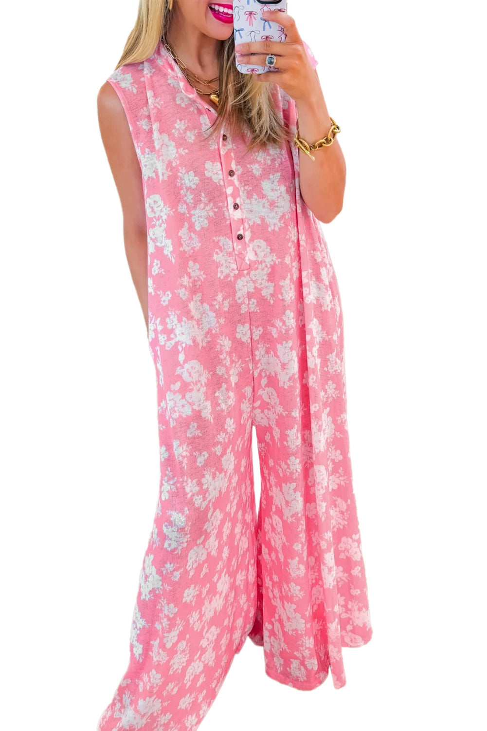 Pink Floral Print Sleeveless Wide Leg Jumpsuit
