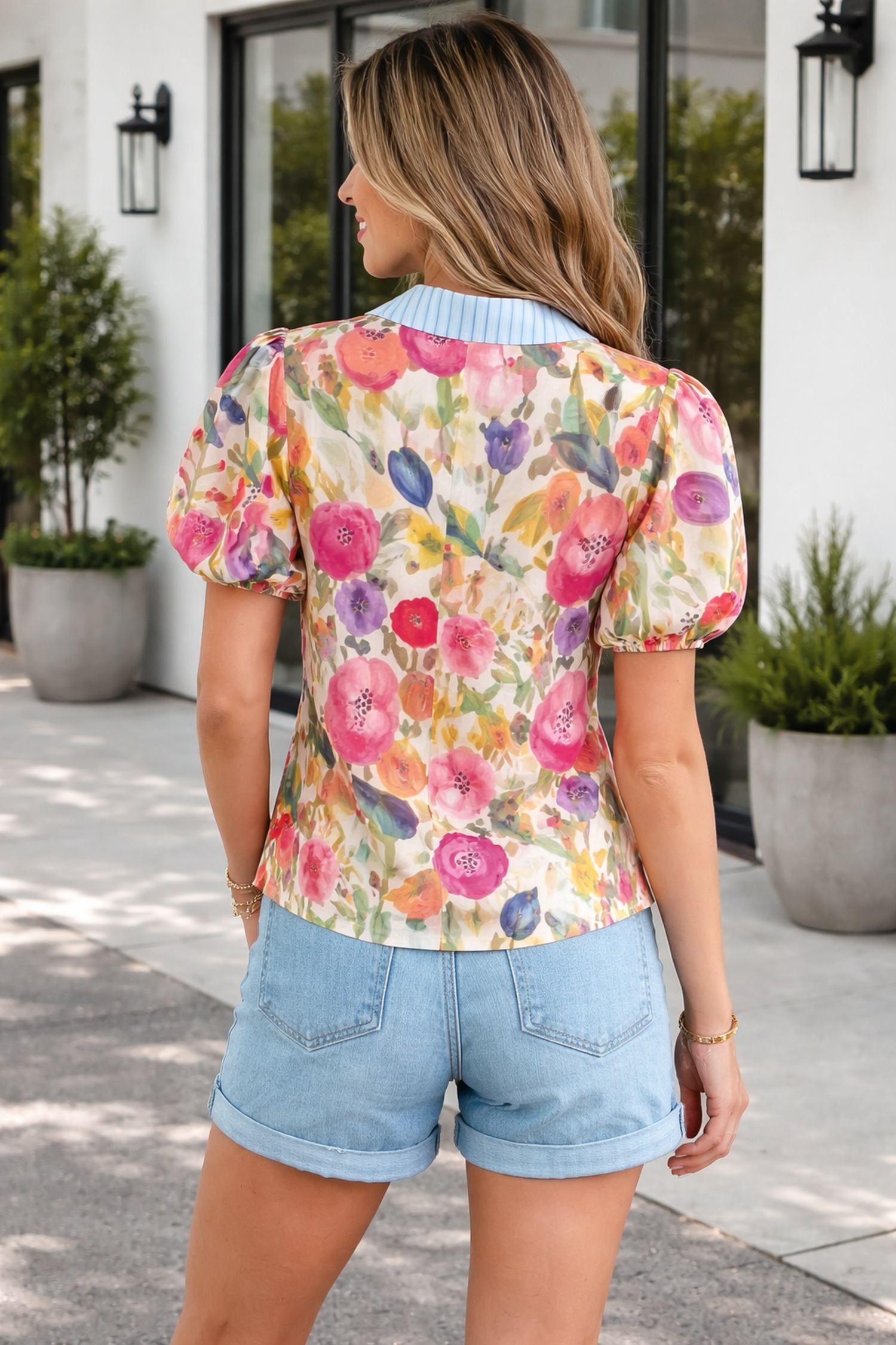 Kate Puff Sleeve Cotton Blouse: Floral V-Neck Romantic Top