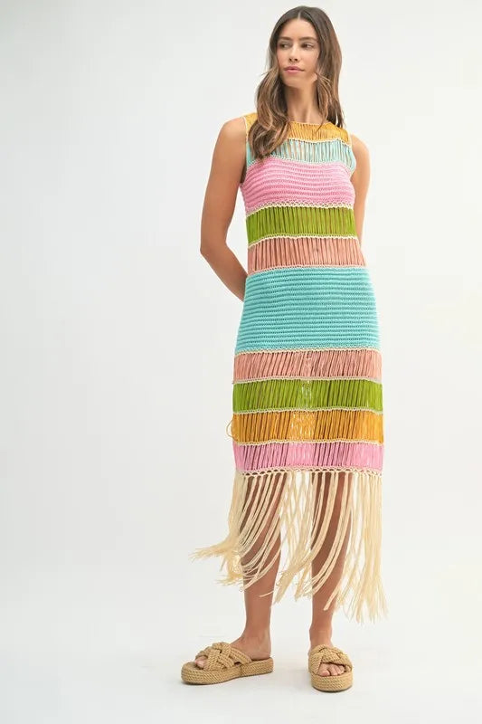 Multi Color Fringed Crochet Knit Mini Dress