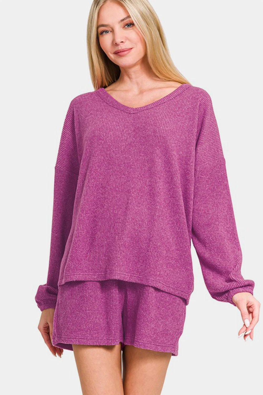 Zenana V-Neck Long Sleeve Ribbed Top & Shorts Set