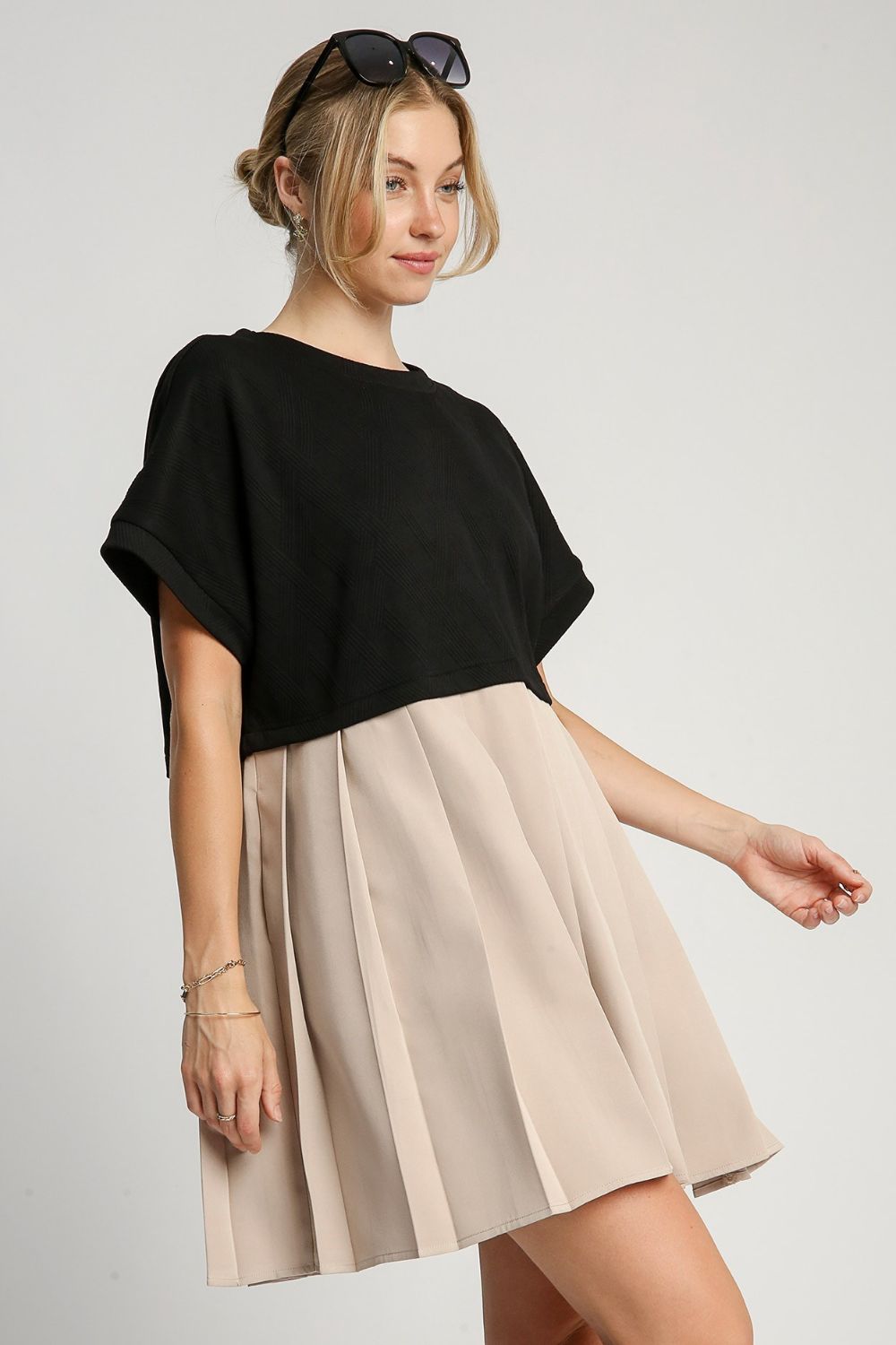 Ruched Round Neck Dress with Side Pockets